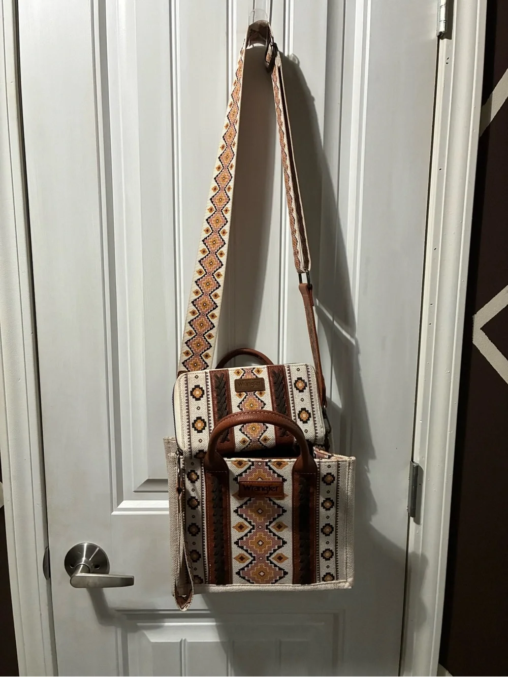 Wrangler Embroidered Crossbody Tote in Cream and Brown with matching wallet